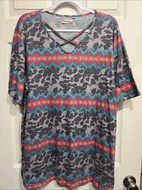 Southern Stitch Crisscross V-Neck Tribal Stripe Tee in Gray, Teal & Coral